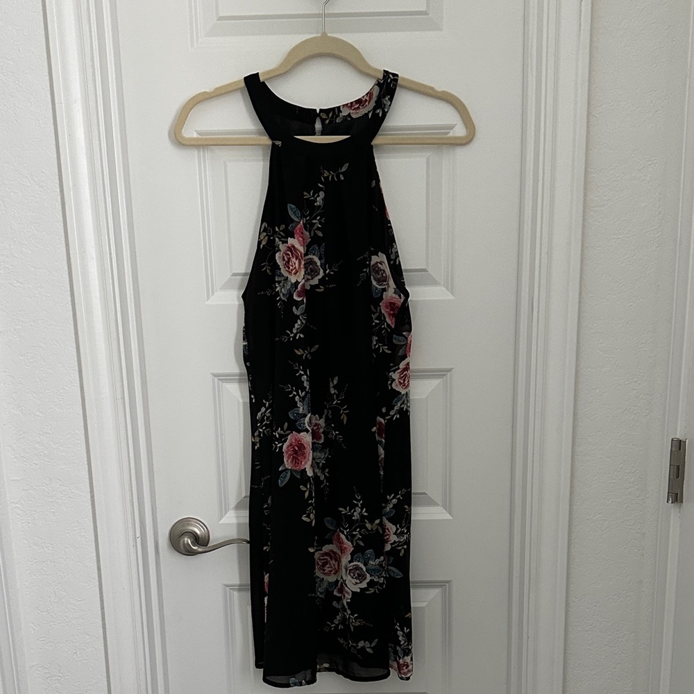 Floral Halter Neck Dress - Black and Pink
